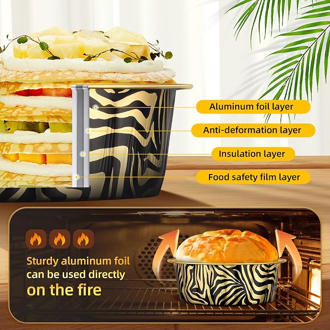 Beasea 8oz Disposable Ramekins with Lids, 120 Pack 235ml Aluminum Foil Baking Cups, Round Muffin Mini Creme Brulee Cups Tins Individual Cupcake Containers for Party Party - Tiger Stripes