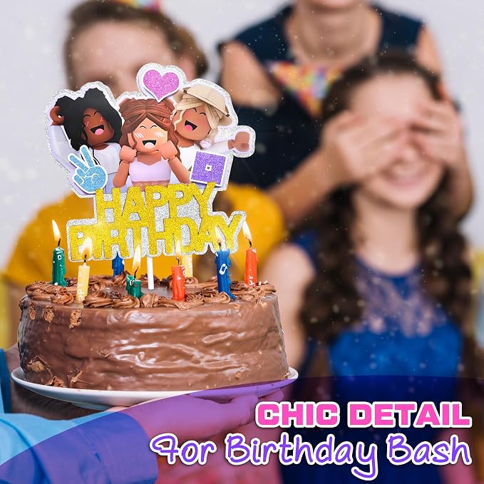 1 Pc Girl Gamer Cake Topper Happy Birthday - 8.27 x 6.3in Video Game Cake Topper Made from Cardboard with Bright Glitter - Pre-Assembled, Gamer Birthday Party Decorations for Dessert Table Setups