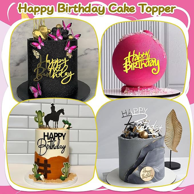 24 PCS Acrylic Cupcake Toppers 8 Styles Happy Birthday Cake Topper Engraved Cake Picks for DIY Party Decoration (Black Gold Silver, 12style 36pcs)