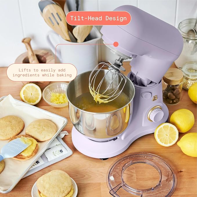 3.5 Qt Stand Mixer, 300W Powerful Motor, Tilt-Head Design with Stainless Steel Bowl, 12 Speeds, Includes Dough Hook Whisk Beater for Baking Mixing (Lavender)