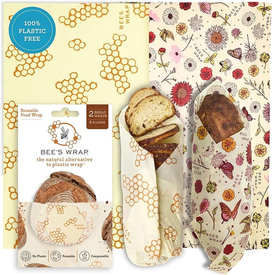 Bee's Wrap Beeswax Wraps for Food - Pack of 2 Bread Wraps - Meadow Magic & Honeycomb - Plastic Free Made in USA Reusable Bread Storage Bags - Organic & Sustainable Sourdough Bags