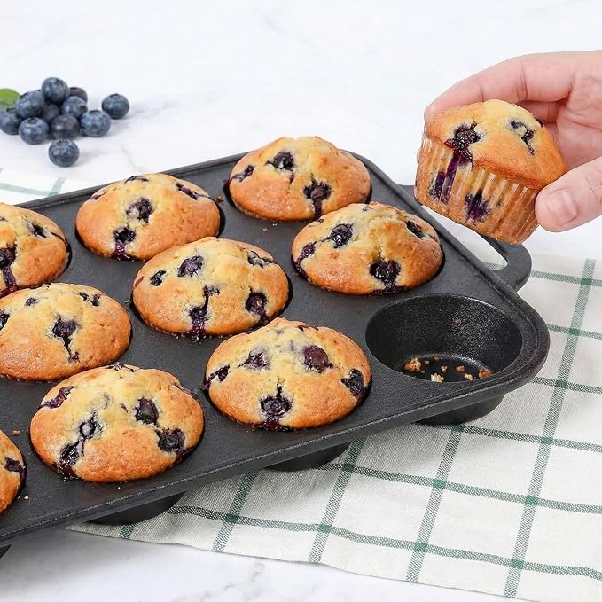 Flavehc 2pack Cast Iron Muffin Pans for Baking 12 Cup Regular Size Cupcake Pan with Handle Pre-Seasoned Muffin Pans Molds