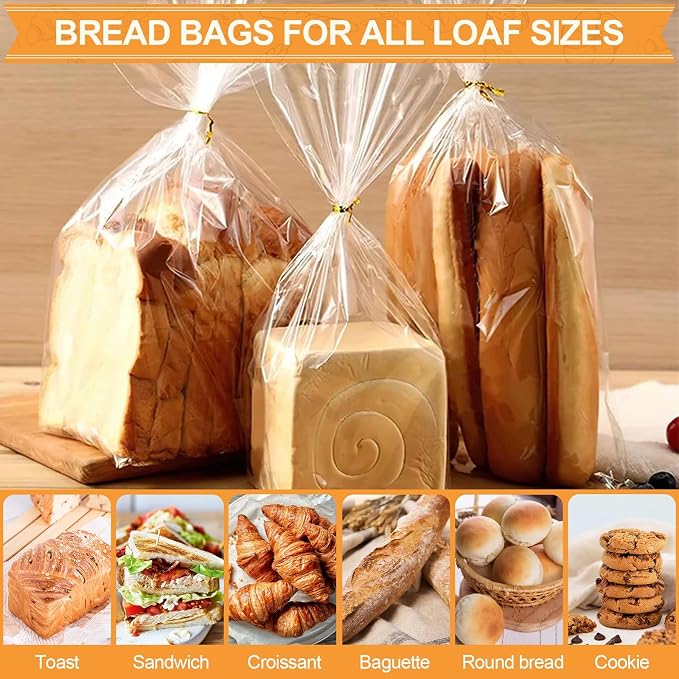 vivinin 100 Pack Bread Bags & 100 Pack Ties, 8" x 4" x 18" Clear Bread Bags for Homemade Bread, Reusable Plastic Bread Storage Bags for Bakers, Bakery Owners
