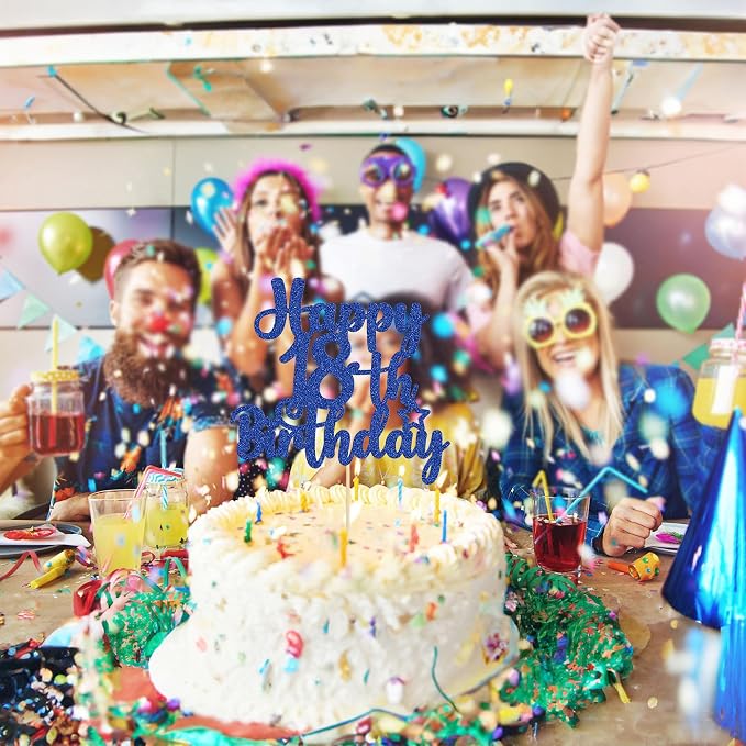 Gyufise 1Pc Happy 18th Birthday Cake Topper Glitter 18 & Fabulous Cheers to 18 Years Old Birthday Cake Pick for Celebrating 18th Birthday Party Cake Decorations Supplies Blue