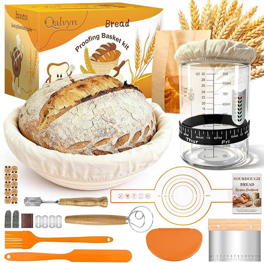 Complete Sourdough Starter Kit, Sourdough Bread Baking Supplies, Bread Proofing Basket with Glass Sourdough Starter Jar, Beginner Sour Dough Bread Making Tools Kit Gifts for Bakers Women Mom