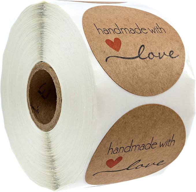 2" Round Natural Brown Kraft Handmade with Love Stickers/Roll of 500 Labels/Homemade Handmade DIY Project Labels/Made in The USA