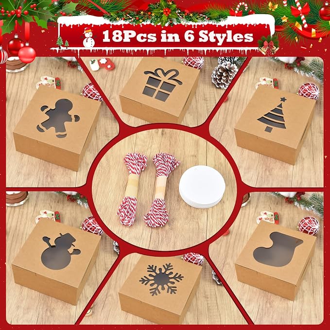 COTOPHER 18Pcs Christmas Cookie Boxes with Window, 6x6x3 inch Brown Bakery Boxes for Gift Giving, XMAS Treat Boxes Holiday Pastries Boxes for Cakes Muffins Donuts Chocolate Strawberries