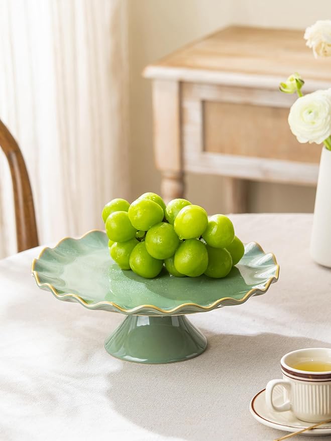 Cake Stand Ceramic, Small Cake Stand for 8 Inch Cake, Vintage Dessert Stand with Ruffle Trim for Mother's Day, Decorative Pedestal Cake Plate Cupcake Stand for Tea Party, Teal