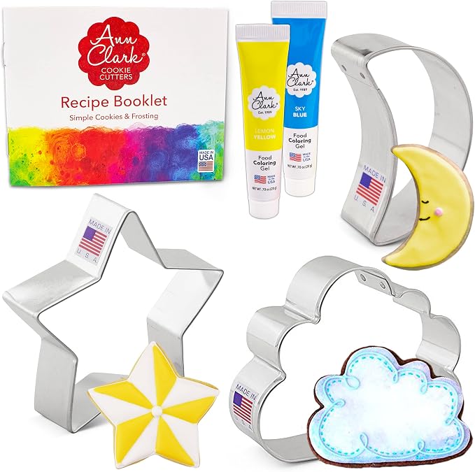 Celestial Cookie Decorating 5-Pc. Set Made in USA by Ann Clark, Star, Cloud, Crescent Moon, Yellow & Sky Blue Food Coloring Gel