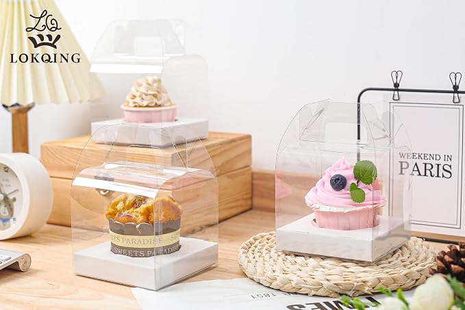 12 PCS Individual Cupcake Containers Single Cupcake Boxes with Handle and Inserts Clear Plastic Favor Boxes