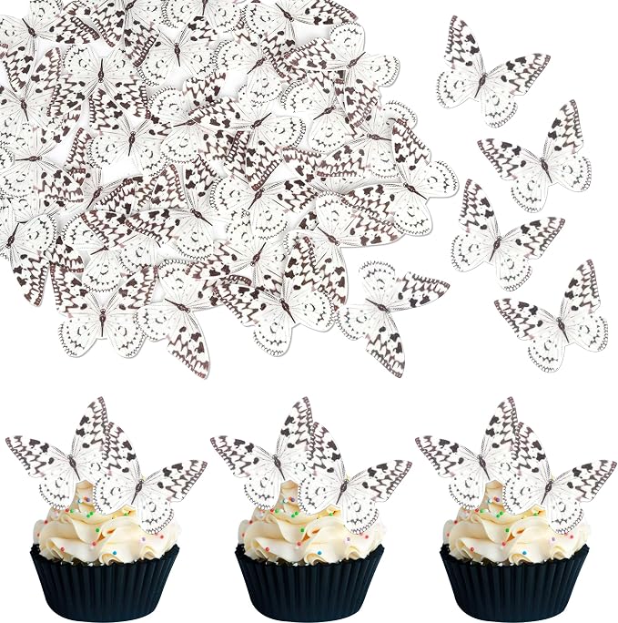 48 PCS Wafer Paper Cupcake Toppers - Edible Butterfly Cupcake Picks & Decorations for Butterfly Theme Baby Shower & Kids Birthday Party Cake Decorations - Brown