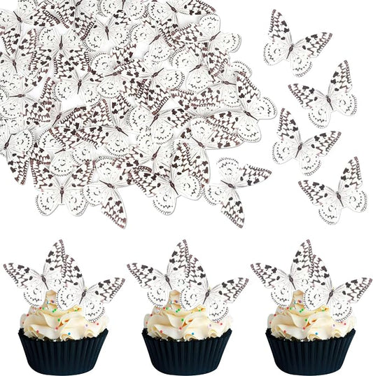 48 PCS Wafer Paper Cupcake Toppers - Edible Butterfly Cupcake Picks & Decorations for Butterfly Theme Baby Shower & Kids Birthday Party Cake Decorations - Brown
