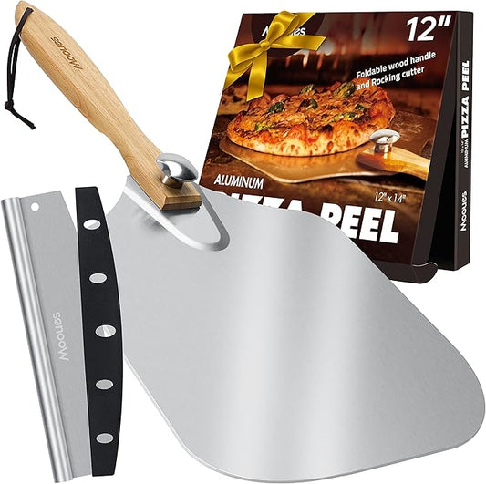 Pizza Peel Aluminum Pizza Spatula, Mooues 12 inch Metal Pizza Paddle(12"x 14")with Rocker Cutter Foldable Wood Handle, [Storage bag included], for Family Pizza Oven Baking Pizza, Dough, Bread & Pastry