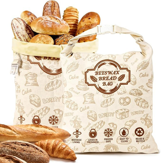 2 Pack Beeswax Bread Bags for Sourdough Homemade Bread, Organic Linen Reusable Natural Bread Storage Bag, Keep Fresh Moisture, Freezer-Friendly, Large Capacity Food Storage Cloth Bag