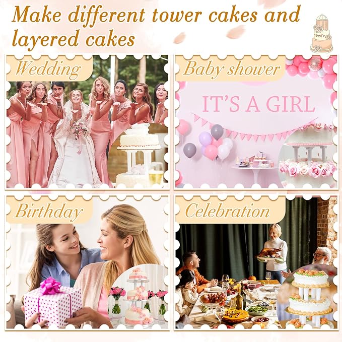 Suclain 27 Piece Cake Tier Stacking Kit Includes 12 Roman Columns in 3 Sizes 6 Cake Boards 4.7/ 6.3/ 7.9 Inch and 9 Dowel Rods for Wedding and Tiered Cakes Building and Stacking