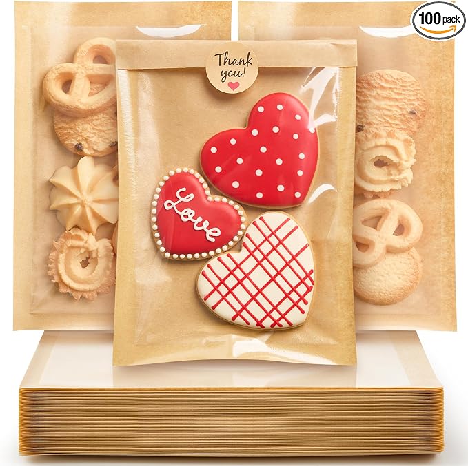 ZORRITA 100 Pack Heat-Sealable Cookie Bags with Window, 5.1 x 7.5 Inches Small Clear Front To Go Bakery Bags, Grease Resistant Kraft Paper Treat Sleeves for Packaging Snack Donut Pastry (Brown)