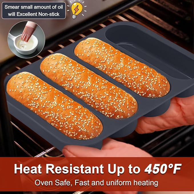 Silicone Hotdog Bun Pan, 6 Inch Standard Hot dog Bun Mold, 4 Cup Non-stick Homemade Hotdog Bun Baking Pans, Mini Baguette Pans, Dishwasher Safe, 1 Pc (Grey)