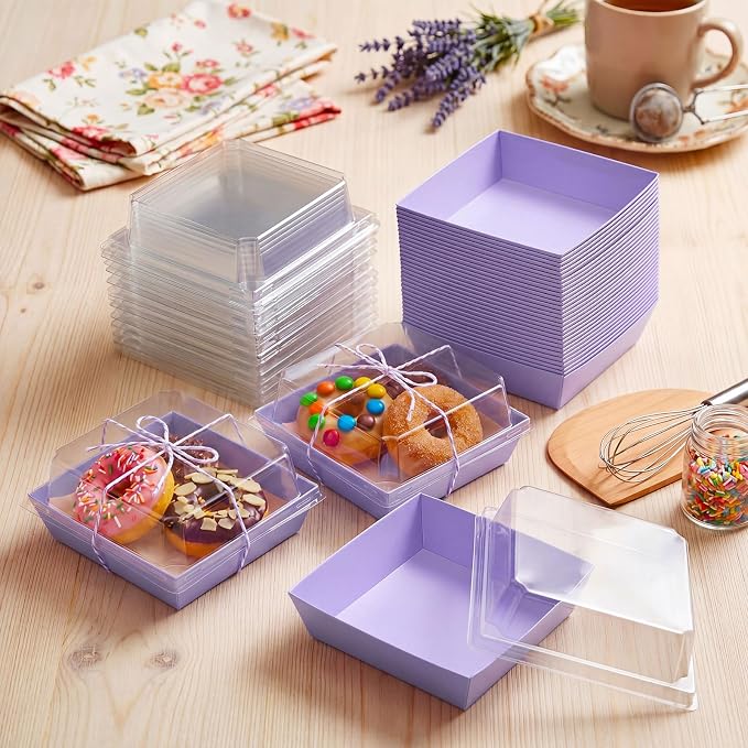 Jetec 50 Pack Charcuterie Boxes with Clear Lids and Rope 4 Inches Cake Disposable Square Dessert Food Box Containers with Lids for Bakery Macaron Cookies Strawberries Fruits Display (Light Purple)