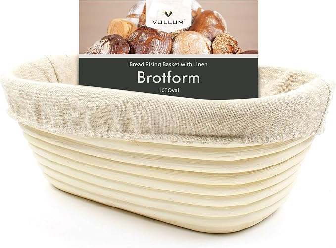 Vollum Banneton Bread Proofing Basket & Liner – Handmade Rustic Sourdough Bread Baking Supplies, Brotform, Sour Dough Tools, Gifts for Bakers - Oval - 10 x 7 x 3.75"H