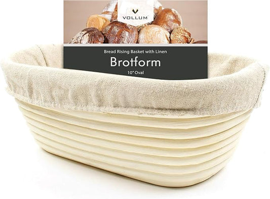 Vollum Banneton Bread Proofing Basket & Liner – Handmade Rustic Sourdough Bread Baking Supplies, Brotform, Sour Dough Tools, Gifts for Bakers - Oval - 10 x 7 x 3.75"H