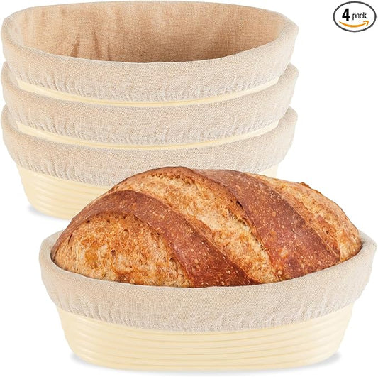 4 Pack Banneton Bread Proofing Basket 10 Inch Oval Rattan Banneton Baskets with Linen Liner Cloth Sourdough Basket Dough Proofing Basket for Professional & Home Sourdough Bread Baking