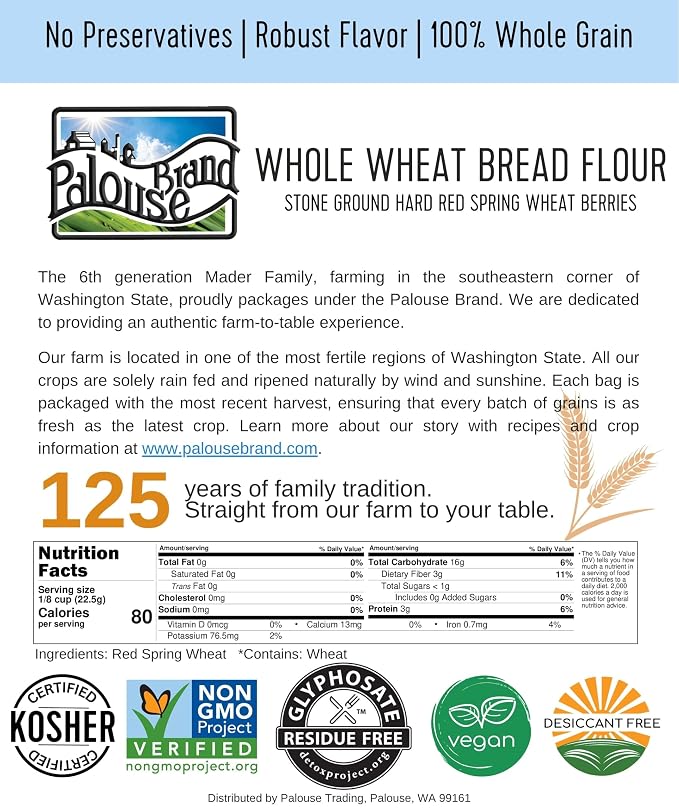 Palouse Brand Certified Glyphosate Residue Free Whole Wheat Bread Flour | 6 LBS (2-3 lb bags) | Small Batch Stone Ground | Non-GMO | 100% Non-Irradiated | Kosher |