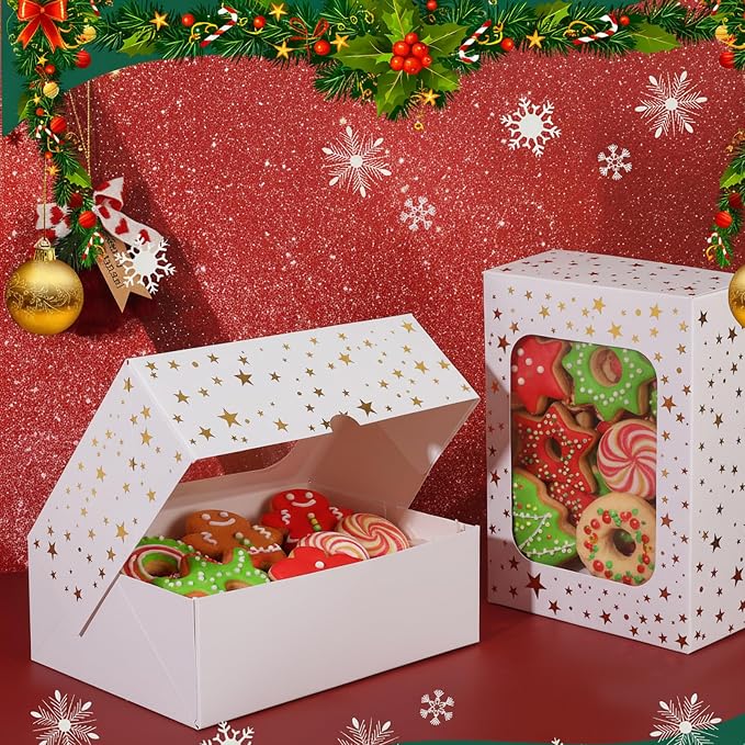 YEKTFS 12pcs Cookie Boxes with Window, 8.25x6x2.75in White Treat Boxes with Window Gold Foil Star Bakery Cake Boxes for Christmas Gift Giving Pastry Dessert Cupcakes Candy Donut Packaging