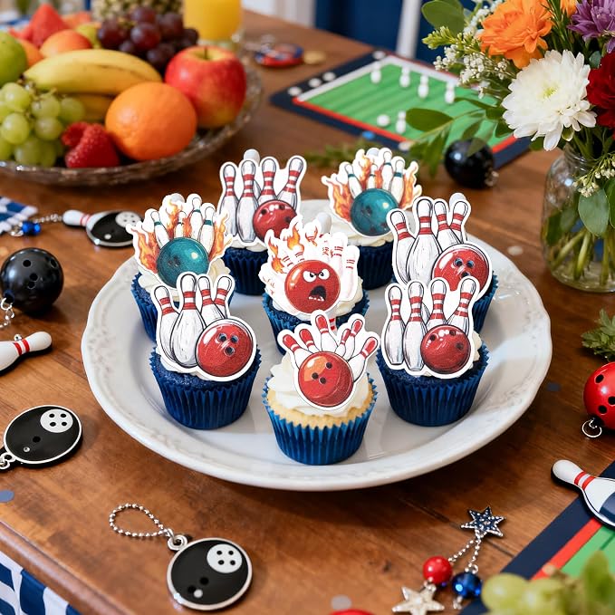 60 PCS Edible Bowling Cupcake Toppers Wafer Paper Sports Ball Cupcake Picks Edible Bowling Cupcake Decorations for Sports Theme Baby Shower Kids Birthday Party Cake Decorations Supplies