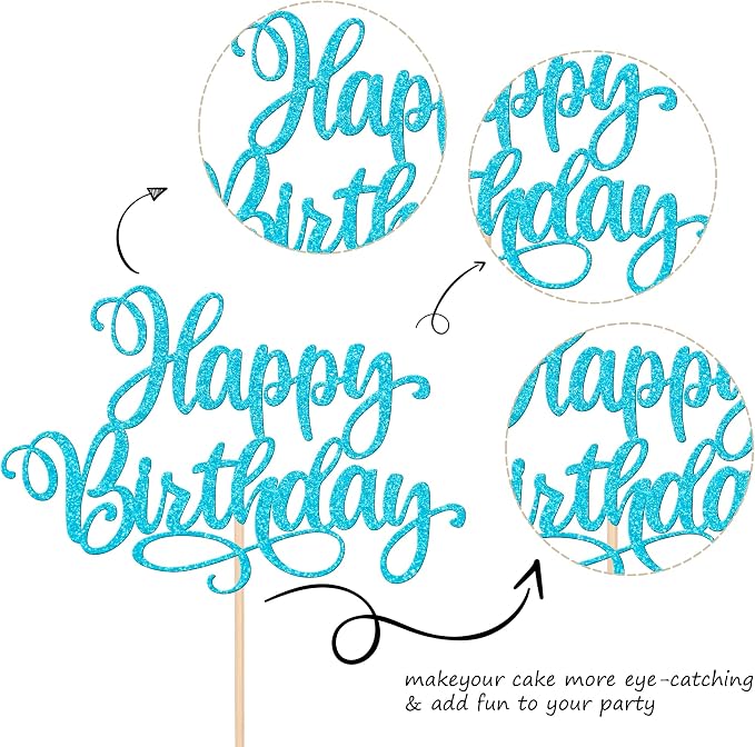ZHUOWEISM 1 PCS Happy Birthday Cake Topper Glitter Cake Pick for Celebrating Anniversary Party Cake Decorations Supplies Lake Blue