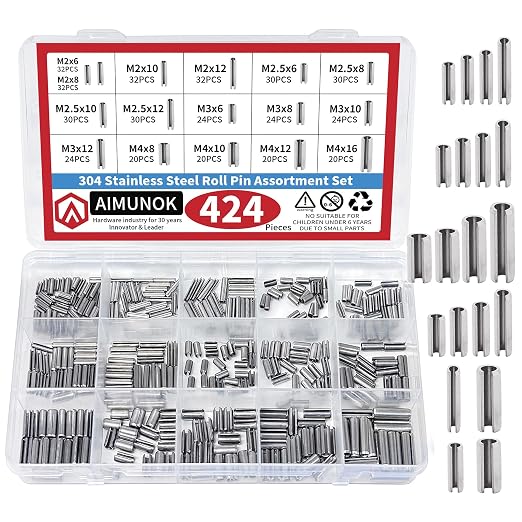 424-Piece Stainless Steel Roll Pin Kit – Spring Dowels, Slotted & Split Pins (M1.5-M6, 14 Types) – Corrosion-Resistant Fasteners for Machinery, Automotive & DIY Repairs