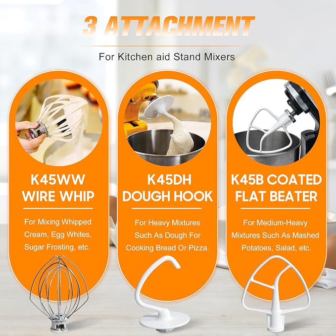 Funmit Mixers Accessories K45WW Wire Whip K45DH Dough Hook K45B Coated Flat Blade Paddle with Scraper Replacement for Kitchen Tilt-Head Aid Stand Mixer Attachments- Stainless Steel