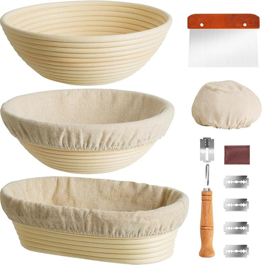Kikcoin 9" & 10" & 10" Banneton Bread Proofing Basket Set, Round & Oval Banneton Basket for Sourdough Baking, Baking Supplies with Linen Liner, Bread Lame & Dough Scraper, Sourdough Proofing Tools