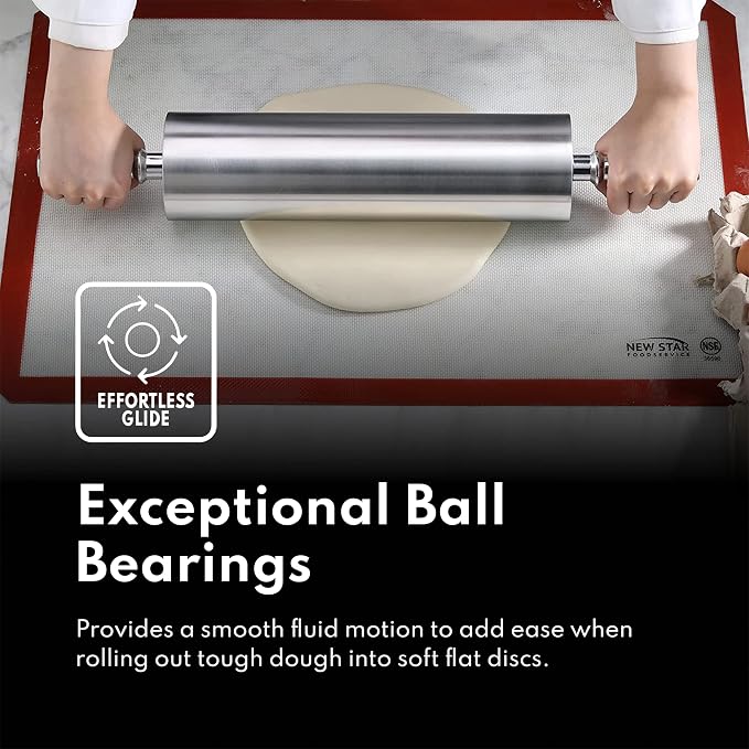 New Star Foodservice 13 Inch Aluminum Rolling Pin, Extra Heavy Duty Restaurant Grade Dough Roller with Rotating Barrel and Handles, Silver