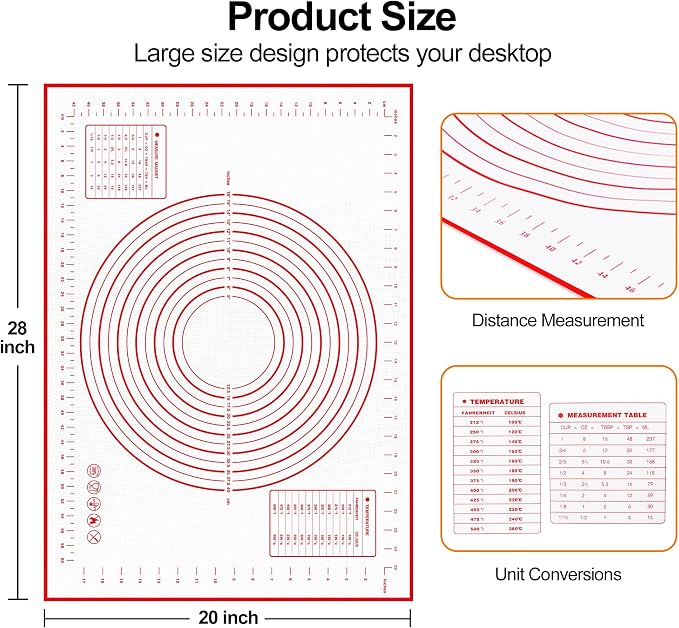 HOOMIL Silicone Baking Mat, 28"x20" Non-Stick, Non-Slip Extra Large Pastry Mat with Measurements for Rolling Dough, Bread Pie Crust Pizza Cookies Fondant Making