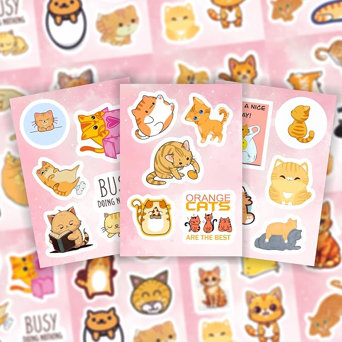 BulbaCraft Orange Cat Stickers for Water Bottle and Laptop - Orange Cat Party Supplies & Decorations, Waterproof Vinyl Decals, Cute Animal and Pet Stickers, Gifts for Women & Men