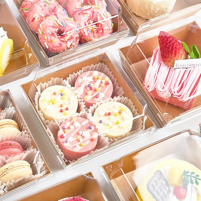 Ocmoiy Kraft Charcuterie Boxes with Clear Lids 4x4 Inch, 100 Pack Brown Square Bakery Cake Slice Boxes with Window, Dessert To Go Containers (100)
