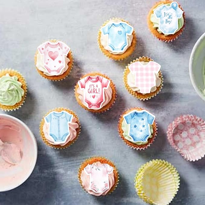 64 PCS Edible Bodysuit Cupcake Toppers Gender Reveal Cupcake Picks Edible It's a Boy Girl Gingham Theme Party Decorations for Gender Reveal Baby Shower Birthday Party Cake Decorations Supplies