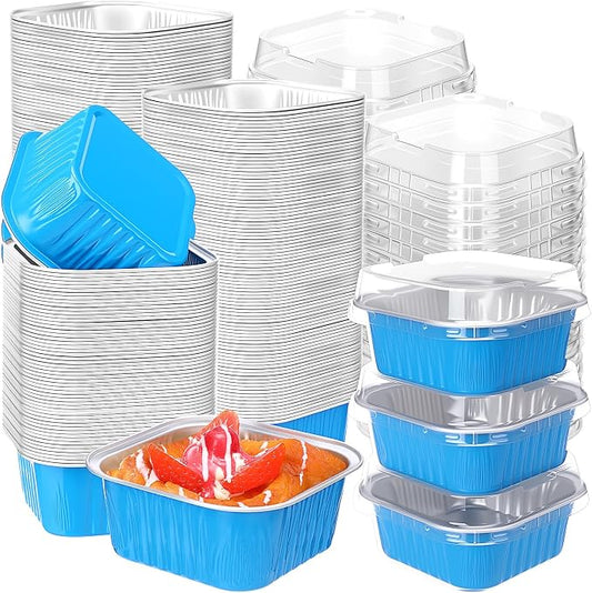 200 Pack 5 oz Mini Cake Pans with Lid, Aluminum Foil Mini Baking Tins, Square Disposable Cupcake Baking Cup Dessert Container for Wedding Birthday Party Picnic(Blue,Classic)