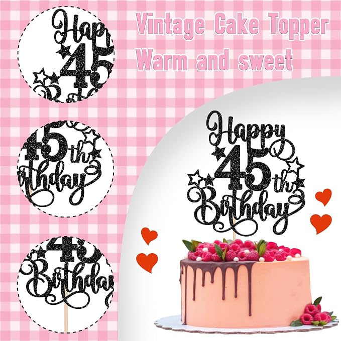 1 PCS Happy 45th Birthday Cake Topper Glitter Cheers to 45 Years Birthday Cake Pick Hello 45 Fabulous Cake Decoration for Happy 45th Birthday Anniversary Party Decorations Supplies Black