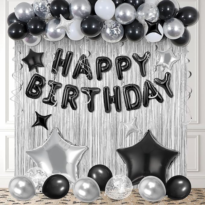 Black Happy Birthday Balloons Decorations Black and Silver Birthday Balloon Letters Banner with 8Pcs Star Balloons Hanging Swirls 10g Table Confetti for Home Room Bday Party Decorations Supplies