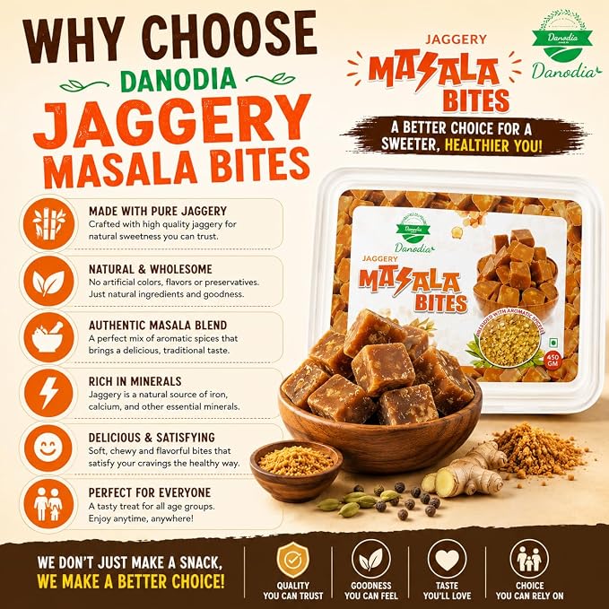 Danodia Foods Masala Jaggery Bites, Cane Gur Sweetener, 1 lb, Pantry Snack | Snackable spiced gur pieces and cane sweetener for chai, tea, coffee, desserts and pantry use; no preservatives used; recipes