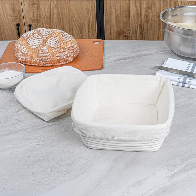 Restaurantware Bread Proofing Baskets 9 Inch Square Pack of 10 Rattan Dough Fermentation Baskets With Cotton Liners, Oval Banneton Bread Rising Bowls For Home, Commercial, Artisanal Baking