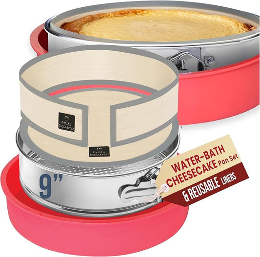 9 Inch Springform Pan for Cheesecake, with LEAKPROOF Silicone Sleeve & 2 REUSABLE Liners for WATER BATH Baking - No Foil Wrap & Parchment Needed, NON-TOXIC Stainless Steel Cheese Cake Pans for Baking