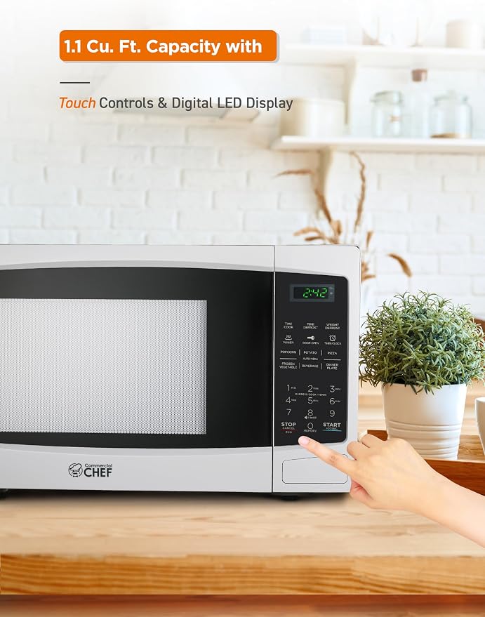 Commercial Chef 1.1 Cu. Ft. Countertop Microwave Oven, Touch Controls with Digital LED Display, 1000W Small Microwave with 12.4” Turntable Plate, Push Button Door, 10 Power Levels, CHM11MW, White