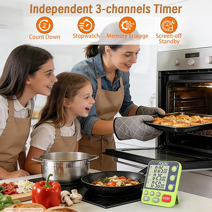 Digital Dual Triple Kitchen Timer, 3-Channel Magnetic Countdown Timer for Cooking, Large Display Stopwatch Multi Food Classroom Timer Loud Alarm for Seniors Teachers Battery Included (Green)