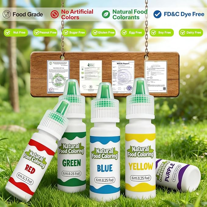 Natural Food Coloring Set, 5 Colors Red Yellow Blue Green Purple, Plant-Based Edible Liquid Color for Baking, Decorating, Fondant, Frosting & Holiday Desserts 10mL/Bottles
