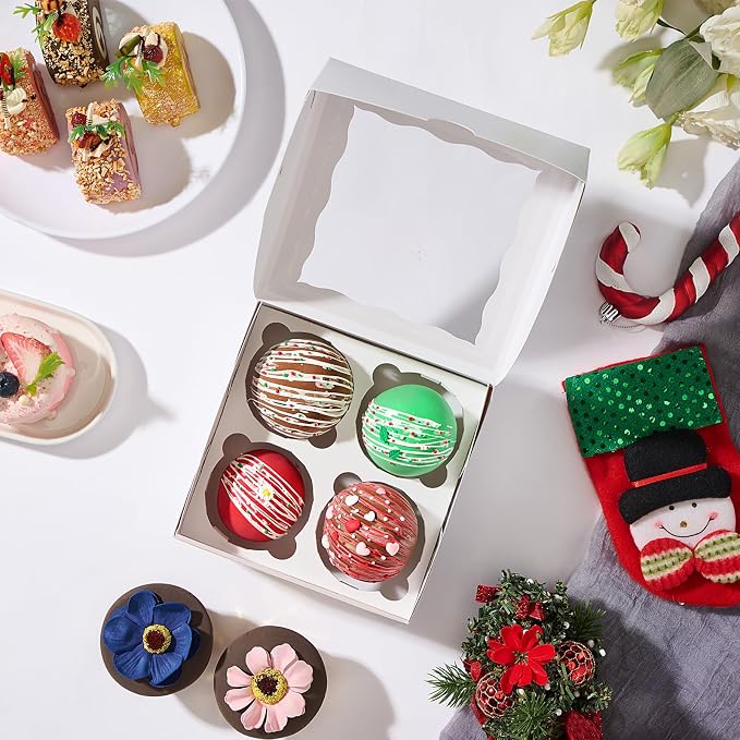 6.2x6.2x3 Inches Cupcake Boxes 20 Pack with Window & 4 Cavity Insert - Versatile Baking Containers for Cupcakes, Cookies & Treats | Holiday, Birthday & Bakery Supplies