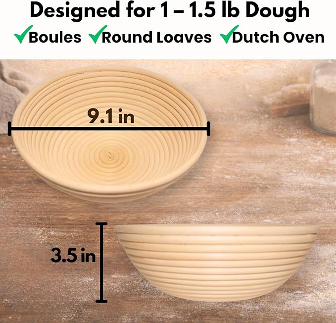 Banneton Sourdough Bread Proofing Basket, Premium AA-Grade, 9 Inch for Round, Boules Loaves, Vietnamese Banneton with Cloth Cover, Bread Lame Holder with 5 Blades