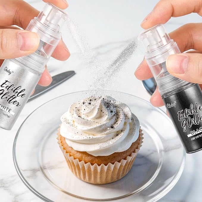 Shimmer White & Black Edible Glitter Spray, Edible Glitter for Cocktails, Cobakey Luster Dust Edible for Cake Decorating, Drinks, Baking, Chocolate, Strawberrie 5g/2 Bottles