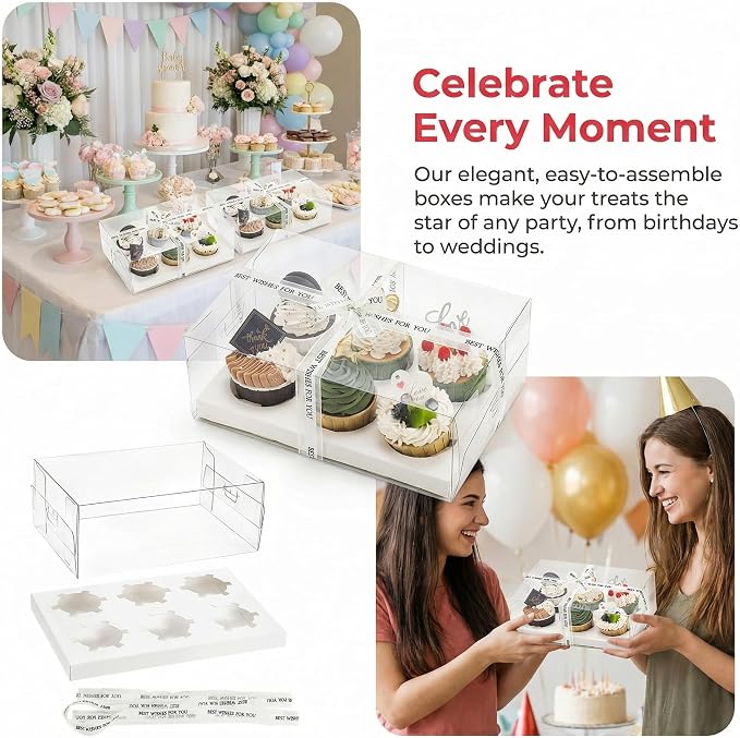 Cedilis 15 Pack Clear Cupcake Boxes, 6 Count Cupcake Containers with Gift Ribbon, Plastic Cupcake Carrier Holder for Treat Dessert Cookies Muffins Pastry Baby Shower Party